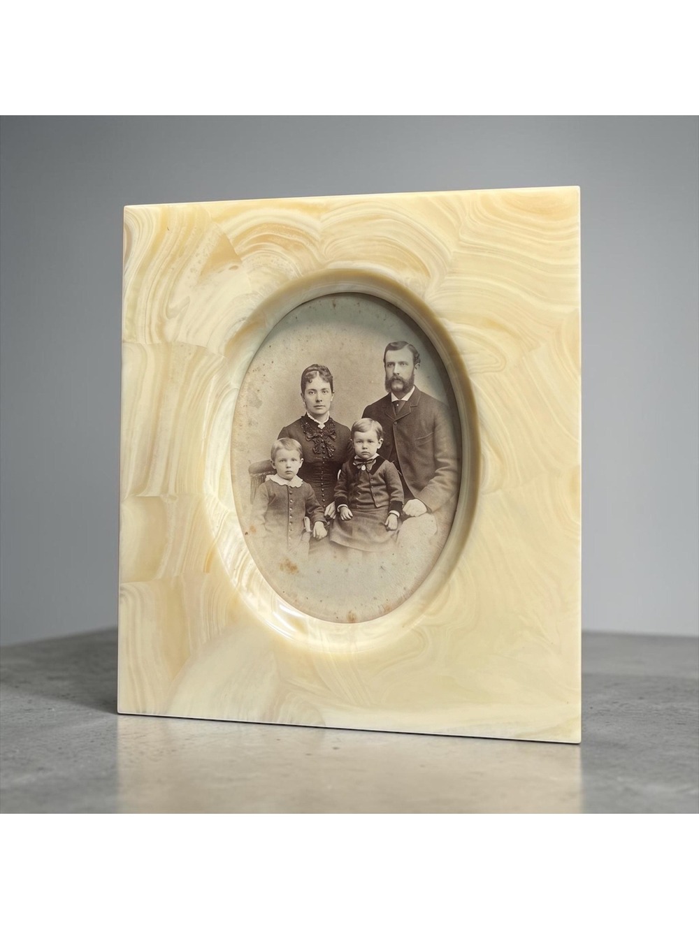 Creamy Pale Yellow Faux Alabaster Swirl Resin Frame with Oval Opening